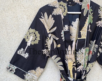 Katoenen kimonobadjas met bloemenboomprint - lichtgewicht Japanse jurk