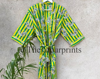 Yellow And Green Stripe Kimono Robe, Dragon Print Cotton Kimono Robe, Bridesmaid Robe, Getting Ready Robe, Dressing Gown Robe, Bath Robe,