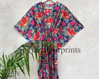 Caftán floral de algodón: vestido largo indio, pareo de playa.