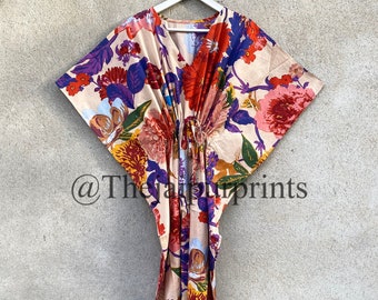 Floral Cotton Kaftan Dress: Indian Maxi Loungewear Robe