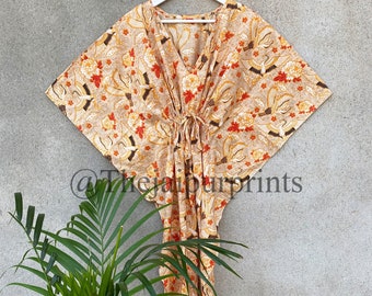Beige Bird Print Cotton Kaftan: Indian Maxi Dress Loungewear