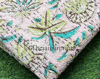 Floral Kantha Quilt: Handmade Indian Cotton Bohemian Bedspread