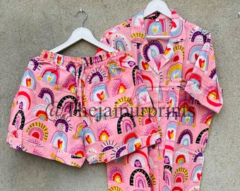 Regenbogen Print Baumwolle Pyjama Shorts Set, Damen Nachtwäsche