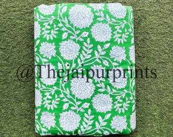Hand Block Print Cotton Voile Fabric: Green Floral, Soft Fabric By The Yard