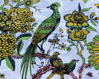 Tecido de algodão com estampa de pássaros e flores: material de costura indiano estampado à mão