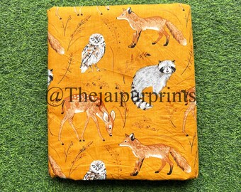 Yellow Mustard Safari Animal Print Cotton Fabric, Baby Nursery Fabric by the Yard