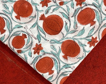 Indian Hand Block Print Cotton Fabric By The Yard, Pomegranate Print 100% Pure Hand Block Fabric, Upholstery Fabric, Dress Making Fabric