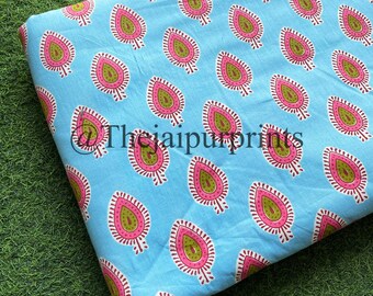 Tissu en coton bleu ciel à imprimé feuilles : imprimé indien fait main
