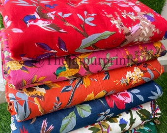Bird Print Indian Cotton Fabric: Boho Dress Sewing Fabric By The Yard