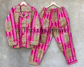 Pink Stripe Tiger Print Cotton Pajama Set