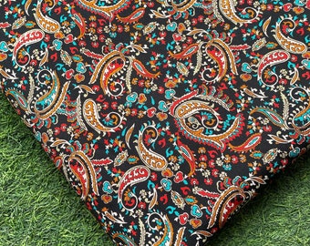 Black Paisley Satin Fabric, Indian Floral Print, Sewing Fabric By The Yard