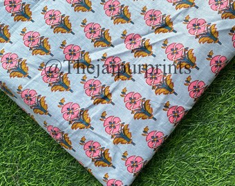 Gray Floral Cotton Fabric: Hand Block Printed Indian Fabric By The Yard
