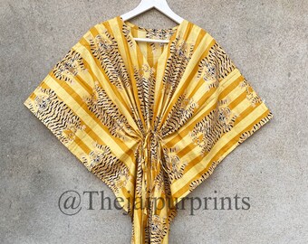 Yellow Animal Print Cotton Kaftan: Boho Beach Cover Up