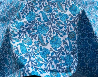 Hand Printed Floral Silk Fabric, Turquoise Indian Crepe Satin By The Yard