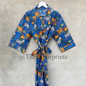 Blue Zebra And Tiger Print Kimono Robe, Jungle Print Robe, Bridesmaid Robe, Robes For Women, Kimono Cardigan, Bathrobe Kimono Dress
