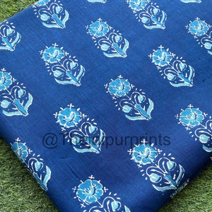 Indigo Blue Hand Printed Block Print Fabric By The Yards, Indian Soft Cotton Fabric, Womens Dressmaking Clothing Fabric, Floral Print Fabric