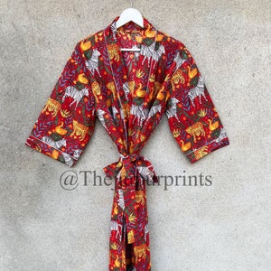Red Wild Animal Print Cotton Kimono Robe, Indian Soft and Comfortable Robe, Getting Ready Robe, Dressing Gown, Bridal Party Gift