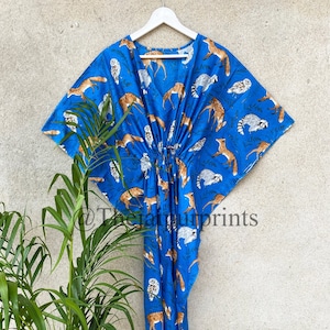 Handmade Cotton Kaftan Dress: Animal Jungle Print Beach Cover Up