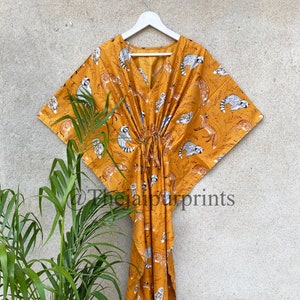 Indian Cotton Handmade Kaftan Dress, New Animal Jungle Print Caftan, Beach Cover Up, Women Nightwear Maxi, Summer Kaftan Dress