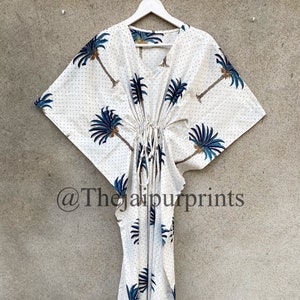 Palm Tree Print Cotton Caftan, Indian Cotton Kaftan Dress, Beach Cover Up, Women Summer Kaftan, Long Kaftan, Nightwear Dress, Maxi Dress