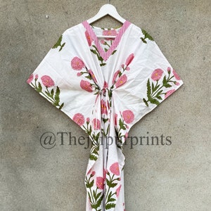 Pink Mughal Floral Print Kaftan Dress, Women Long Caftan Dress, Beach Cover Up, Flower Block Print Sleepwear Maxi Dress, Loungewear