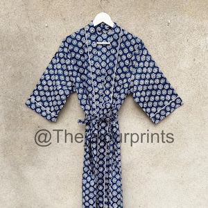Indian Indigo Hand Block Printed Kimono Robe, Beach Wear Robe, Bridesmaid Robe, Bikini Cover Up, Loungewear, Wrap Dress, House Coat Robe