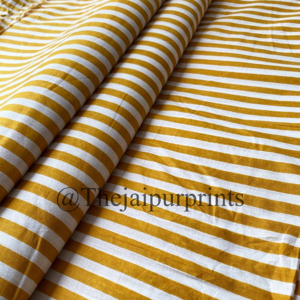 Yellow Mustard Pure Cotton Stripes Print Fabric, India Handmade Fabric By The Yard, Quilting Fabric, Quilt Fabric, Sewing Dress Fabric