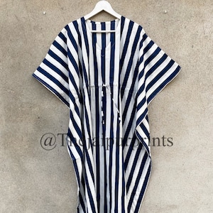 New White & Blue Kaftan Dress, Indian Handmade Soft Cotton Caftan, Women Long Kaftan, Maxi Dress, Bridesmaid Nightwear Gown, Summer Dress