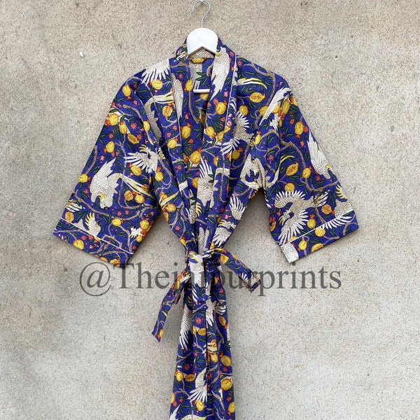 Wild Parrot Print Kimono Robe: Cotton Beach Cover-Up