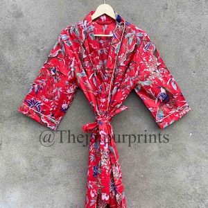 OFMD Red Cotton Kimono Robe, Lounge Wear Bird Print Robe, Bath Robe, Wedding Kimono Cardigan, Handmade Indian Kimono Robe, Bridesmaid Gown