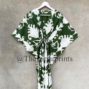 New Beautiful Ikat Design Floral Pattern Cotton Kaftan, Women Long Caftan, Flower Hand Block Print Sleepwear Maxi Dress Kimono Robe