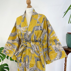 Kimono Robe - Cotton Funky House Robe Kimono - Royal Mustard Yellow Black White , Feline Cat, Animal Cool Dad Gift Father Husband, Bathrobe