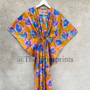 Handmade Floral Cotton Kaftan Dress: Block Printed Kimono Robe