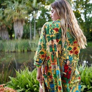 Frida Kahlo Garden ART Kimono Robe, Indian Cotton Summer Kimono Robe, Bridesmaid Robe, Nightwear Gown, Japanese Kimono, Kimono Cardigan