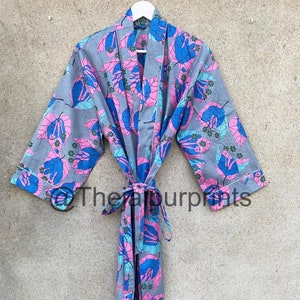 Gray Floral Hand Printed Kimono Robes, Cotton Kimono Robe, Plus Size Robe, Getting Ready Robe, Kimono Cardigan, Beach Kimono, Loungewear