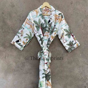 White Animal Print Cotton Kimono Dress, Long Kimono Robe, Women Dressing Gown, Kimono Cardigan, Loungewear Kimono bridal Robe, Bathrobe