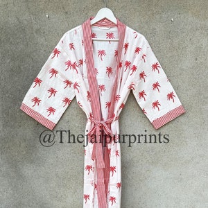 Red Palm Tree Pattern Print Kimono Robe, Cotton Voile Fabric Soft Comfortable Robe, Robe For Women, Wedding Robe, Loungewear, Homewear