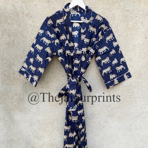 Blue Tiger Print Cotton Kimono Robe, Japanese Kimono, Bridesmaid Robe, Bath Robe, Getting Ready Robe, Cotton Wedding Robe For Women