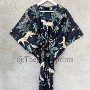 Black Jungle Print Cotton Kaftan Dress: Boho Beach Cover Up