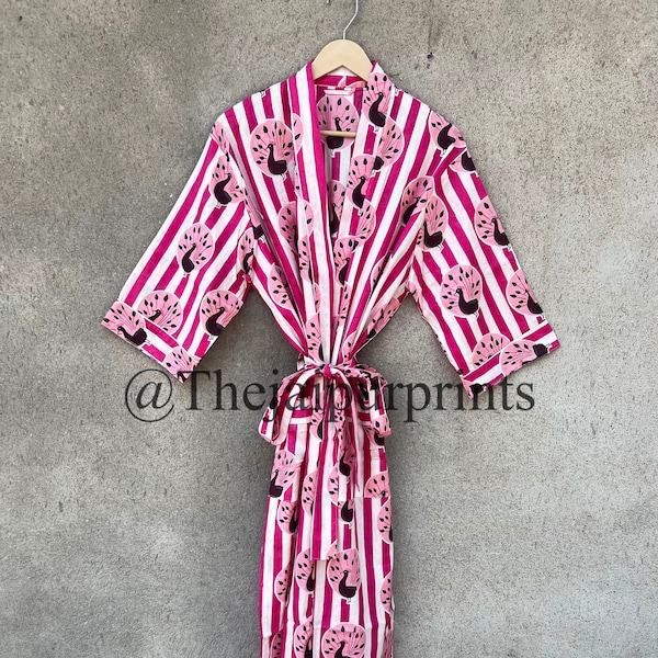 New Pink Bird Print Indian Kimono Robe, Indian Soft Cotton Kimono, Japanese Kimono, Beach Cover Up, Nightwear Dress, Bridesmaid Gown,