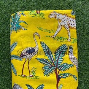 Yellow Animal Print Soft Cotton Fabric By The Yard, Safari Zoo African Animal Digital Print Fabric Tropical Jungle Palm Flower Leaf Material