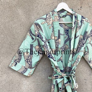 Women&#39;s Cotton Funky House Robe Kimono - Mint Green Yellow Black White | Feline Cat | Egyptian Art | Animal Cool Dad Gift Father Husband
