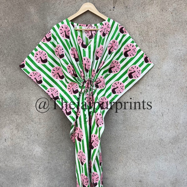 Cotton Kaftan, Green And White Strip Print Kaftan, Night Gown, Dressing Gown, Maternity Gown, Beach Cover Up, Maxi Dress, Women's Caftan