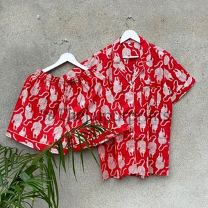 Indian Handmade Cotton Pajama Set, Animal Print Pj Shorts, Women&#39;s Sleepwear Shorts, Bridesmaid Lounge Set, Shorts Pajama