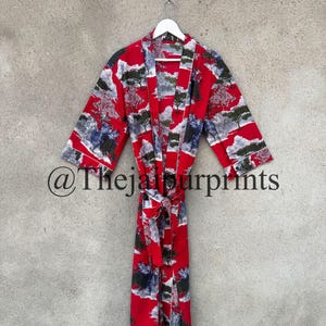 Red Beautiful Floral Print Kimono Robes, Bath Robe, Women&#39;s Dressing Gown, Summer Nightwear, Beach Cover Up, Cotton Kimono Robe