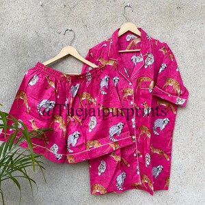 Animal Print Cotton Pajama Set: Hand Printed Bohemian Women&#39;s Sleepwear
