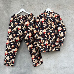 New Black Bird Print 100% Pure Cotton Pajama Set, Bridesmaid pj Set, Women&#39;s Pajama Set, Lounge Set, Wedding Pajama, Matching Pjs Set