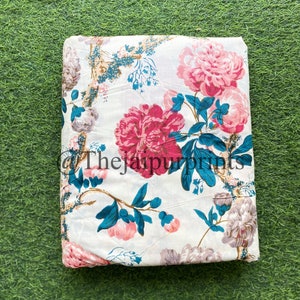 Vintage Rose Cotton Fabric White fabric Pink Rose in the Garden wedding, Spring, pink flower bunch, Curtain, dress fabric, gift wrap,