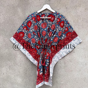 Summer Wear Women&#39;s Short Kaftan, Hand Block Print Kaftan, Maxi Dress, Lightweight Soft Cotton Kaftan, Beach Cover Up, Gift For Her