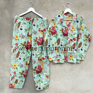 Indian Cotton Pajama Set For Women&#39;s, Bird Print Comfortable Nightwear Gown, Birthday Party Pajama, Summer Cotton Pj Set, Bridesmaid Pajamas